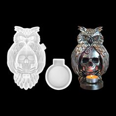 an owl statue next to a candle holder with a skull on the front and side