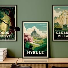 three posters on the wall above a desk in a room with green walls and chairs