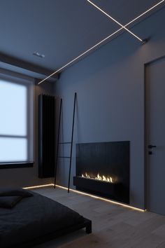 an empty bedroom with a fireplace in the corner