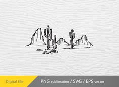 an image of a desert scene with cactus trees and mountains in the background, digital file