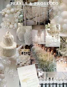 a collage of pearls and proscecosco images including cake, candles, flowers, champagne bottles