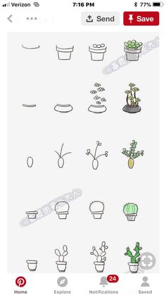 an iphone screen showing the different types of potted plants and how to draw them