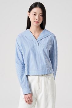 KOODING carries the latest 8seconds blouses. KOODING is the global leading shopping website in providing authentic Korean fashion, beauty and lifestyle items, including clothing, cosmetics, shoes, accessories, and bags in affordable, fast, easy, and safe way. Sailor Collar Tops For Spring Workwear, Blue Blouse With Striped Collar For Daywear, Cotton Sailor Collar Top For Work, Blue Workwear Top With Striped Collar, Fashion Blouses, Sailor Collar, Shopping Website, Beauty And Lifestyle, Crop Blouse