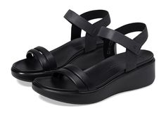 ECCO Flowt Luxe Wedge Sandal - Women's Shoes : Black/Black Cow Leather/Cow Nubuck : Leather sourced from a tannery that achieved a Gold Rating from the Leather Working Group (LWG). Boost your confidence to all-new levels in the stylish ECCO Flowt Luxe Wedge Sandal! Crafted from soft leather uppers with an open toe, sandal features comfortable straps over the toes and ankle with adjustable hook-and-loop closure. Soft leather lining. Leather comfort insole. Wedge heel. Lightweight and durable synthetic outsole. Imported. Weight of footwear is based on a single item, not a pair. Measurements: Heel Height: 2 in Weight: 11 oz Platform Height: 1 in Product measurements were taken using size EU 40 (US Women's 9-9.5), width M. Please note that measurements may vary by size. Black Block Heel Sandals, Black Cow, Black Shoes Women, Black Wedge Sandals, Nubuck Leather, Block Heels Sandal, Wedge Sandal, Shoes Black, Leather Working