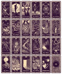 the tarot card deck is shown in black and white, with many different designs