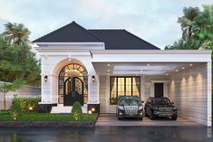 two cars are parked in front of a house