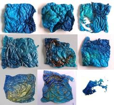 four different pictures of blue and green fabric on a white surface, each with an individual's hand made piece of cloth