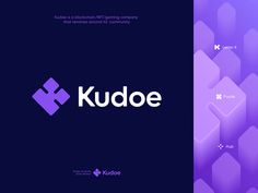 the kudoe logo is shown in purple and blue, as well as an image of