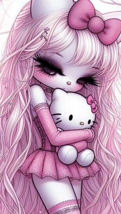 a drawing of a hello kitty girl with pink hair and big eyes holding a white teddy bear