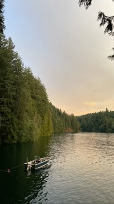 a small boat floating on top of a lake surrounded by forest