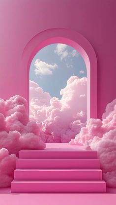 an arch in the sky with pink clouds and steps leading up to it on a pink background