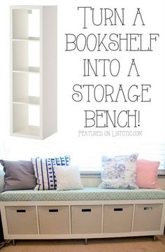 there is a book shelf next to a storage bench