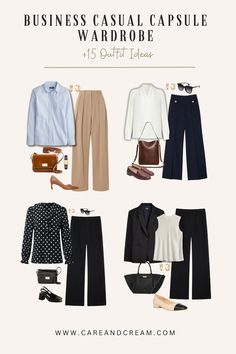 Discover the essentials for a chic business casual capsule wardrobe with this post. Filled with 15+ business casual outfits for work, the blog highlights key pieces for an impressive corporate look. Learn how to mix business casual workwear capsule pieces to create fashionable women's workwear outfits, proving office capsule wardrobes can be sophisticated and trendy. Office Wardrobe Women, Professional Outfits Women Summer, Office Capsule Wardrobe, Business Casual Capsule Wardrobe, Business Capsule Wardrobe, Office Capsule, Business Casual Wardrobe, Business Casual Capsule