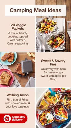 a menu with different types of food on it and the words camping meal ideas written below