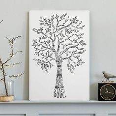 a tree with words written all over it on a white wall next to a clock