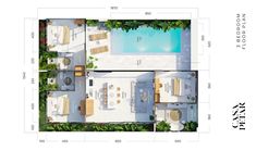 an aerial view of the floor plan of a house with swimming pool and outdoor furniture