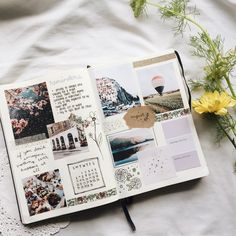 an open book with pictures and writing on it, next to yellow flowers in the background