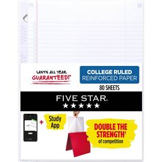 the five star student's notebook pad is shown with notes and stickers on it