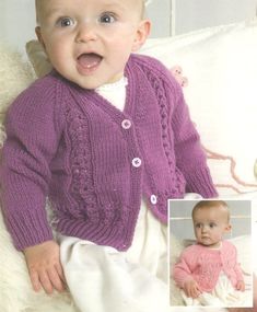 a baby wearing a purple cardigan and smiling at the camera with an image of it's face