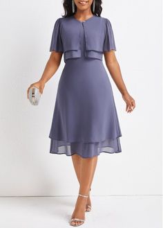 Color:Dusty Purple;Size:S;Size:M;Size:L;Size:XL;Size:XXL;Package Contents:1 X Dress;Occasion:Other;Style:Casual; Summer Knee-length Mother Of The Bride Dress, Half Skirt And Top, Dusty Purple Dress, Layered Short, Elegant Wedding Guest Dress, Dress Layer, Round Neck Dress, Boutique Style Outfits, Flowy Design