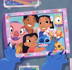 the cartoon characters are playing guitar and singing in front of a mirror with their faces painted on it