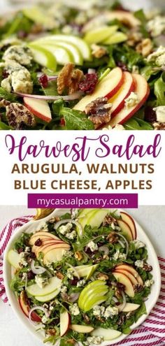 the salad has apples, blue cheese and walnuts on it with text overlay that reads harvest salad arugula walnuts blue cheese apples