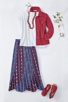 Complementary prints flow in curved panels down this full-sweep skirt – a spirited mix of blues and reds with a trumpet hem. Coldwater Creek Outfits, Floral Dress Design, Cute Skirt Outfits, Modest Fashion Outfits, Midnight Navy, Fall Fashion Outfits, Cute Skirts, Mode Inspiration, Modest Dresses