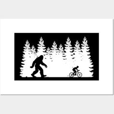 a black and white silhouette of a man riding a bike next to a bigfoot