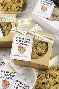 cookies and chocolate chip cookies in boxes with measuring tape