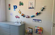 a child's room with toys on the wall