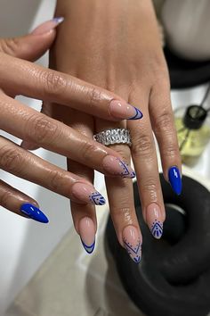 Dubai Inspired Nails, Royal Blue Gel Nails Almond, Two Tone Almond Nails, Italian Acrylic Nails, Greek Style Acrylic Nails, Mediterranean Inspired Nails, Nails Ideas Summer Blue, Nails For Greece Trip, Greek Nails Blue