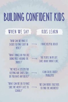 a poster with the words building confident kids written in white and blue on top of it