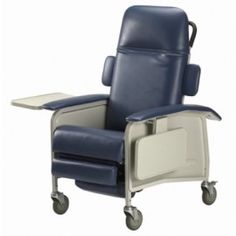 a blue and white reclining chair with wheels