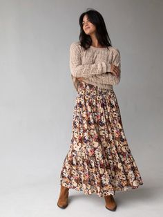 Fall Outfits Women Thrifted, Floral Skirt With Sweater, Maxi Dresses For Fall, Maxi Skirt Over 50, Winter Fashion Comfy, Floral A Line Skirt, Women’s Fashion For 2024, Classic Country Style Fashion, Womens Fashion Styles