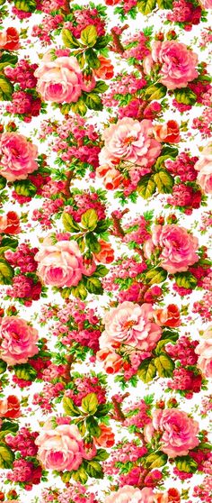 pink roses on white background with green leaves and red flowers in the center, all over