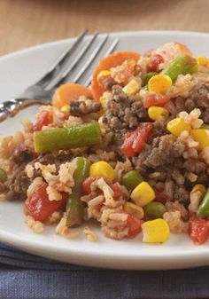 beef and rice skillet on a white plate