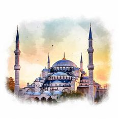 the blue mosque is painted in watercolor and has two minas on each side