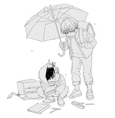 a drawing of a person with an umbrella next to another person sitting on the ground