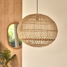 a rattan light hanging from a ceiling in a room with wooden walls and plants