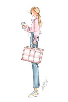 a watercolor drawing of a woman holding a coffee cup and suitcase while looking at her cell phone