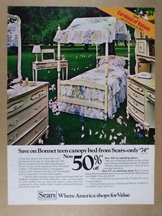 an advertisement for sears's furniture from the 1950's, featuring a canopy bed and dresser