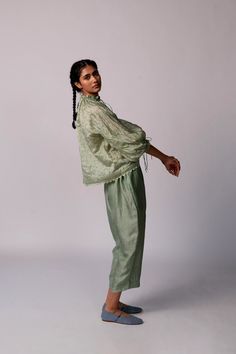 Experience the luxurious comfort of our Anjira silk pants. Made with Murshidabad mulberry silk, they offer a flowy and romantic touch to any outfit. Green Silk Pants, Silk Pants Outfit, Mens Outerwear Fashion, Thai Silk, Silk Trousers, Silk Pants, Green Silk, Mulberry Silk, Pants Outfit