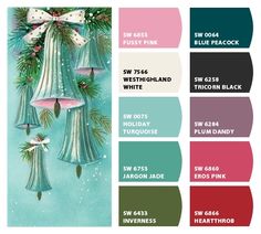 an image of christmas bells with bows and pine cones on them in shades of green, pink