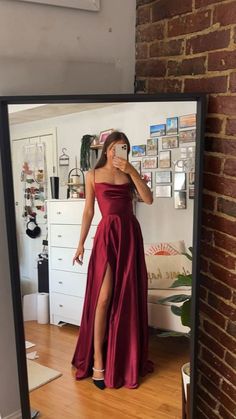 MC196,Spaghetti Straps Red Long Prom Dresses,Satin A-Line Evening Gown Long Prom Dress with Slit on Storenvy Graduation Dress Red, Formal Graduation Dress, Sleek Prom Dress, Red Long Prom Dresses, Fancy Dinner Dress, Dark Red Prom Dress, Prom Dresses Satin, Cheer Dress, Classy Prom