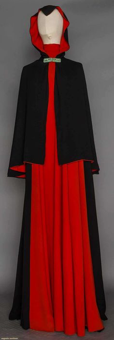 *  VIONNET couture evening gown and cape 1937 Silk crepe color block, orange F & black B, sleeveless w/ deep armholes, funnel neck, voluminous A shape may be worn several ways Katharine Graham, Jedi Robes, Gown Cape, Richard Tyler, Augusta Auctions, 1930's Fashion