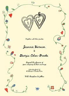 a wedding card with two hearts on it