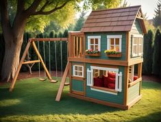 a wooden swing set with a green and brown house next to a tree in the grass