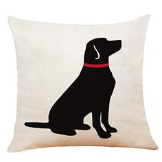 a pillow with a black dog sitting on it's back and red collar around its neck