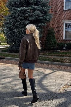 Denim Mini Skirt And Cowboy Boots, H&m Skirts Outfit, Fall Mini Skirt Outfits With Boots, Cute Casual Date Outfits Fall, Mini Skirt And Jacket Outfit, Pumpkin Patch Aesthetic Outfits, Autumn Cowboy Boots Outfit, Short Skirt Long Jacket Outfit, Brown Boots Jeans Outfit