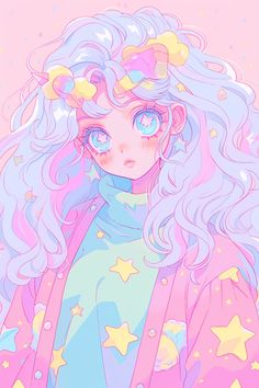 a drawing of a girl with blue hair and stars on her head, wearing a pink coat